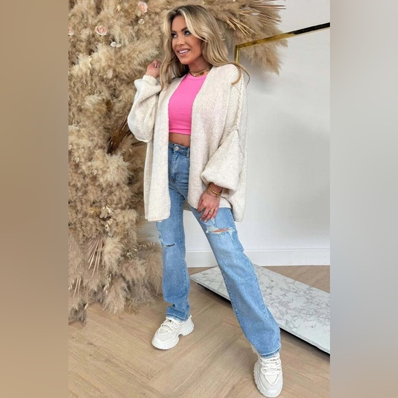 192- All things comfy-LARA 'CHERRY' PRINTED LONGLINE KNITTED CARDIGAN-STONE - Picture 2 of 3